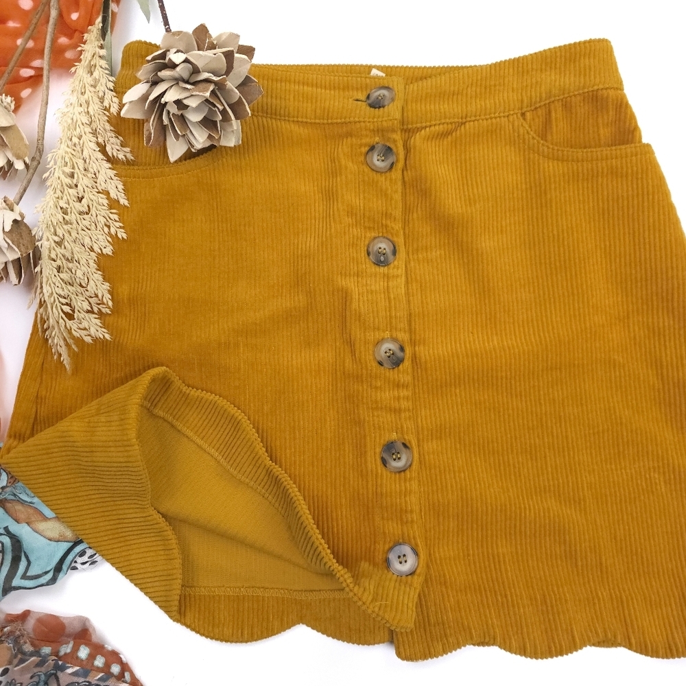 New Harper Button-Front Corduroy Mini Skirt in Mustard Sz M - Picture 2 of 9